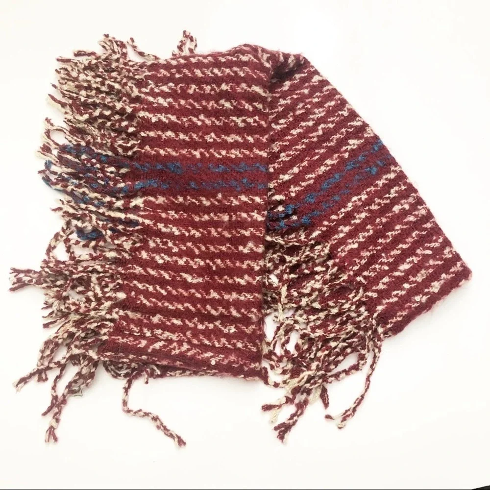 Unique Infinity Scarf Neck Warmer Multi Red Striped Fringe Cowlneck Rustic Wrap‎
